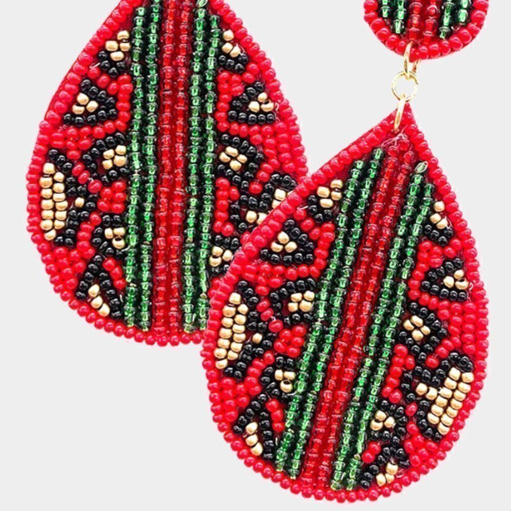 Leopard Pattern Red Color Block Seed Bead Earrings - Picture 2 of 5